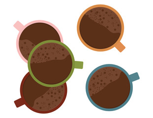 Colorful coffee mugs top view