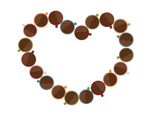 Heart shape from Colorful coffee mugs top view