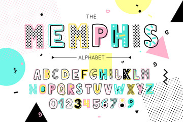 Memphis font and alphabet. Vector type with colorful abstract letters and numbers