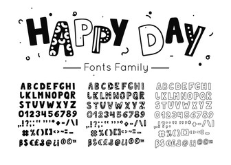 Scandinavian font. Vector kids hand drawn alphabet. Hygge style letters, numbers and symbols. Happy day type family