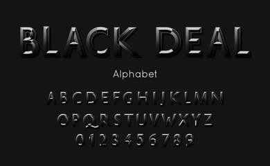 Fototapeta na wymiar Black deal font and alphabet. Vector type with 3d letters and numbers
