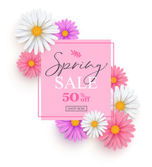 Spring sale banner with white, pink and lilac daisies