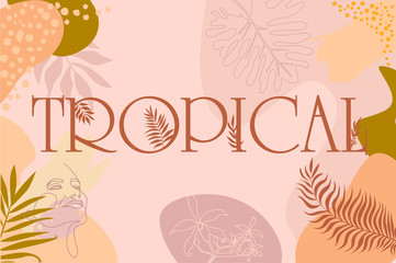 Abstract banner design with tropical elements, shapes and girl portrait in one line style. Background in minimalistic style. Editable vector illustration