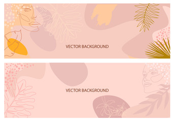 Fototapeta na wymiar Set of abstract horizontal background with tropical elements, shapes and girl portrait in one line style. Background for mobile app minimalistic style. Vector illustration