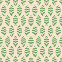 Abstract seamless vector ornamental pattern. Regularly repeated green leaves on beige background.
