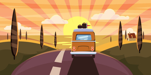Sunset Van camper, bus on the road goes to the sea for a summer vacation © hadeev