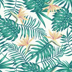 Behang Tropische bladeren blauwe toon paradijsvogel witte achtergrond © berry2046