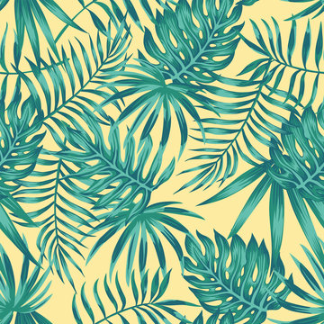Tropical leaves blue tone yellow background seamless pattern
