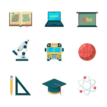 Back to school flat icon. Education learning graduation vector symbols college application pictures. College education, school study science illustration