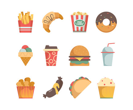 Fast food icons. Hamburger pizza sausages snacks sandwich ice cream food menu vector flat pictures. Illustration of snack, burger and sandwich, hamburger and ice cream