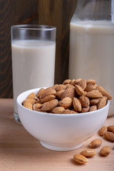 Glass of Milk Almond milk and organic almonds on wooden background, Alternative Milk. Nuts milk