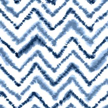 Navy Blue Geometric Moroccan Rug With Zigzag Ornament. Seamless Watercolor Pattern