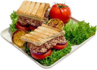 Tuna sandwiches and vegetables on a white square plate. Isolated on white background.
