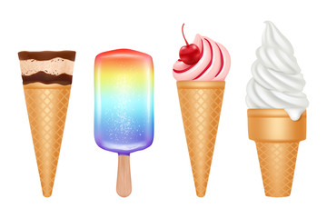 Ice cream. Frozen dessert in hot summer vanilla strawberry and chocolate ice cream with toppings vector realistic collection. Illustration of dessert frozen ice cream cone