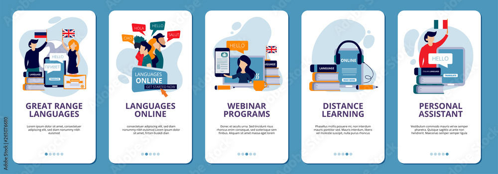 Poster onboarding screens. language learning school online distance education web tutorials mobile app desi