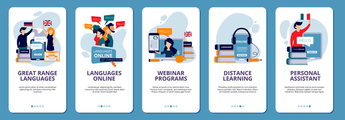 Onboarding screens. Language learning school online distance education web tutorials mobile app design vector layout template. Illustration of course training, webinar and teaching