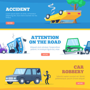 Car accidents. Damaged and broken automobiles scene of carsh cars vector pictures for banners. Auto crash, collision vehicle, automobile damage and broken illustration