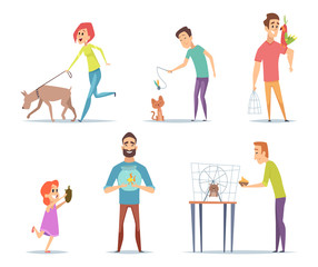 Domestic animals. Owners with their pets cat dog parrot happy characters with animals vector collection in cartoon style. Illustration of cat and dog, hamster and tortoise