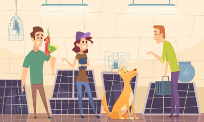 Animal shelter. Owners choose puppy dog in cage vector cartoon background. Animal nursery, kitty and puppy illustration