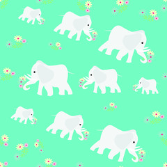 Seamless pattern of gray elephants with flowers, print background, baby fabrics