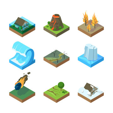 Natural Disasters. Vulcano Tornado Thunderstorm Fire In Forest Water Flood Tsunami Vector Isometric Illustrations. Tsunami And Earthquake, Wave And Volcano