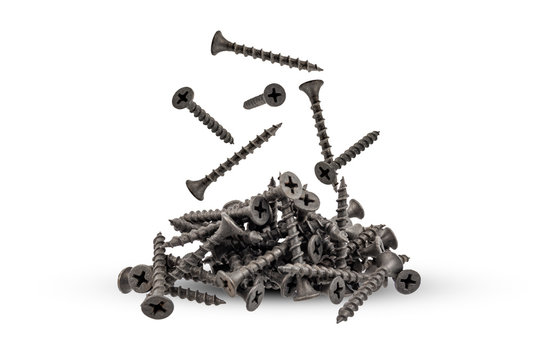 Falling Screws Black Color On A White Background Close-up