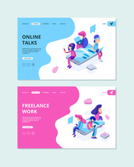 People chatting. Virtual activities messengers network characters relationship internet online dating vector isometric landing page. Illustration of internet online, business talk web
