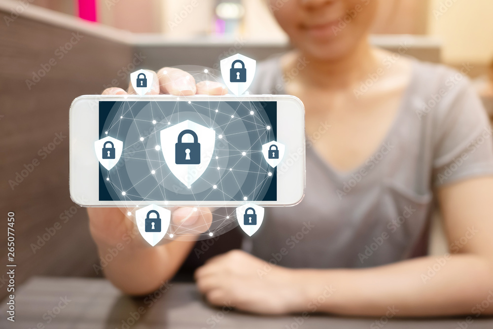 Aufkleber woman using smartphone with icon graphic cyber security network of connected devices and personal da
