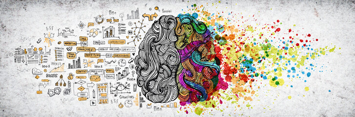 Left right human brain concept, textured illustration. Creative left and right part of human brain, emotial and logic parts concept with social and business doodle illustration of left side, and art - obrazy, fototapety, plakaty