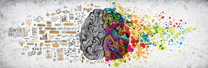 Foto op Plexiglas Left right human brain concept, textured illustration. Creative left and right part of human brain, emotial and logic parts concept with social and business doodle illustration of left side, and art © kirasolly
