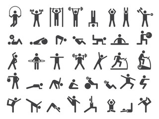 Fitness symbols. Sport exercise stylized people making exercises vector icon. Fitness exercise, training activity, workout and stretching illustration - obrazy, fototapety, plakaty
