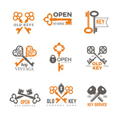 Key logo. Real estate padlocks emblems and badges elegant vintage ornate keys vector pictures. Illustration of logo key service, crossed keys