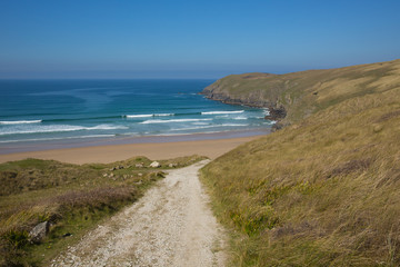 Coast path to Penhale sands beach Perranporth North Cornwall England UK 