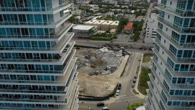 North Shore hospital demolition site seen between the Bentley Bay Condominiums Miami Beach April 2019