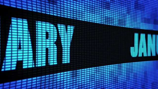 January Side Text Scrolling on Light Blue Digital LED Display Board Pixel Light Screen Looped Animation 4K Background. Sign Board , Blinking Light, Pixel Monitor, LED Wall Pannel