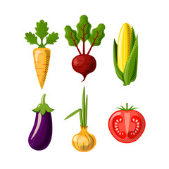 Vegetables flat icons isolated on white background. Carrot, beetroot or beet, corn, onion and tomate and eggplant. Flat icon set of healthy food - vegetables