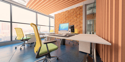 Modern computer office interior with a beautiful view. 3d rendering.