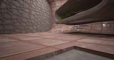 Empty  abstract room interior of sheets rusted metal. Architectural background. 3D illustration and rendering