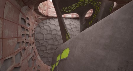 Empty  abstract room interior of sheets rusted metal. Architectural background. 3D illustration and rendering