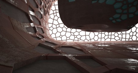 Obraz premium Empty abstract room interior of sheets rusted metal. Architectural background. 3D illustration and rendering