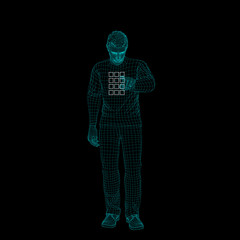 Man entering pin code. Wireframe human body. Vector outline.