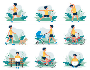 Happy man doing different outdoor activities: running, dog walking, yoga, exercising, sport, cycling, walking with baby carriage. Vector illustration in flat style, healthy lifestyle concept.