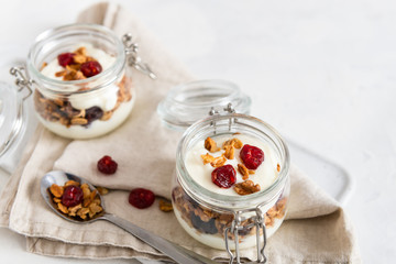 Dry breakfast cereals. Crunchy honey granola bowl with flax seeds, cranberries and yogurt. Healthy and fiber food. Breakfast time. Dieting