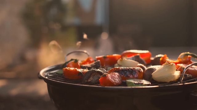 grilled vegetables cooked on charcoal. bbq picnic concept in nature with friends and relatives