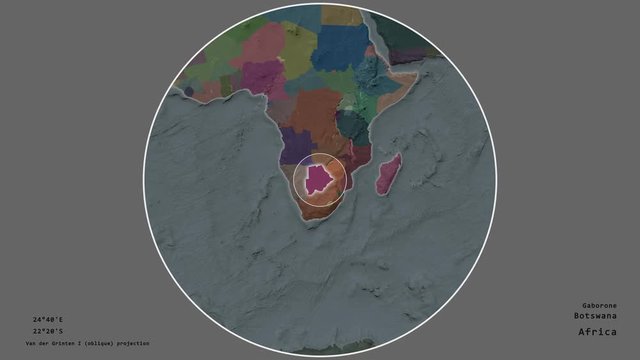 Botswana and its capital circled and zoomed on the global administrative map in the van der Grinten I projection with animated oblique transformation. Animation 3D