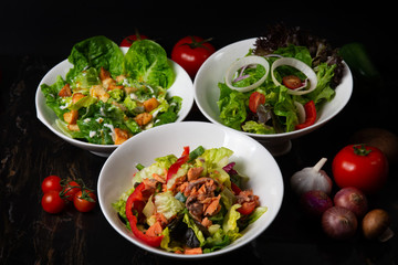 variouscaeser, mix and salmon salad  in dark background