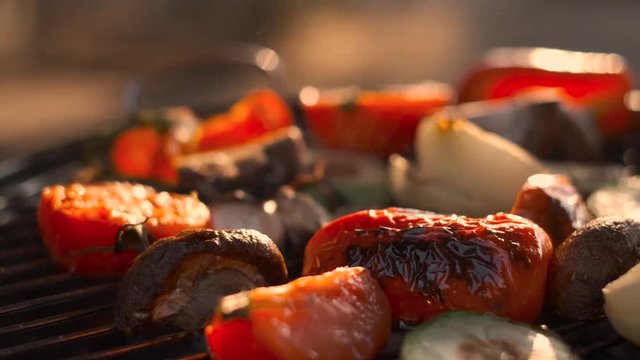 grilled vegetables cooked on charcoal. bbq picnic concept in nature with friends and relatives