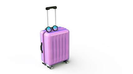 pink suitcase and sunglasses 3d rendering