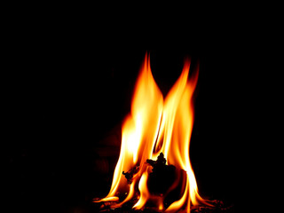 The fire that burns naturally during the night on a black background