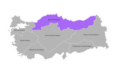 Vector isolated simplified map of Turkey regions. Marked Black Sea Region. Borders and names of administrative divisions